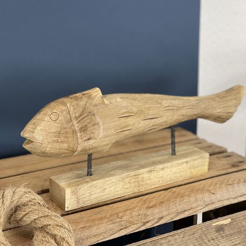 Holzfisch auf Basis 38 cm geschnitzter Deko Fisch