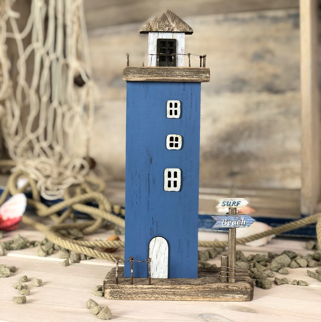 Blau Garten LED Leuchtturm aus HOLZ 56x52x105cm mit ZWEI Solarlampen Höhe 1,05m DREI Farben des Lichts Maritime Deko Gartendeko Lampenhaus Solarbeleuchtung LM5 NB
