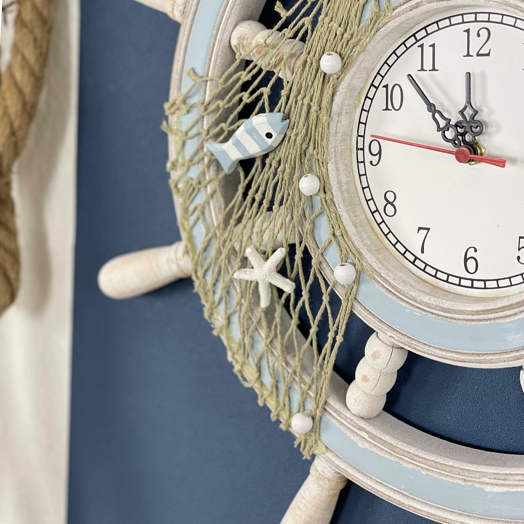 Anker Maritime Wanduhr Anker mit Steuerrad Tau Seestern aus Holz Uhr maritime Deko 