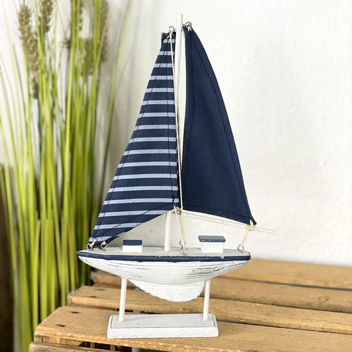 Deko Segelboot Stoffsegel blau weiß 32 cm
